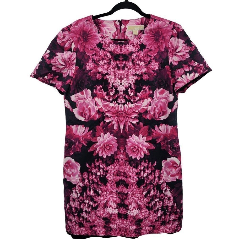 Michael Kors Statement Dress Sz 14 Pink Kew Garden Floral Exposed Zipper Vibrant